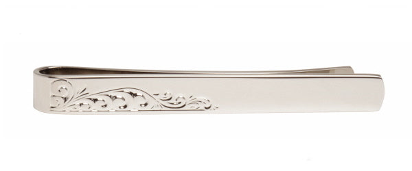 Half Engraved Leaf Design Rhodium Plated Tie Slide